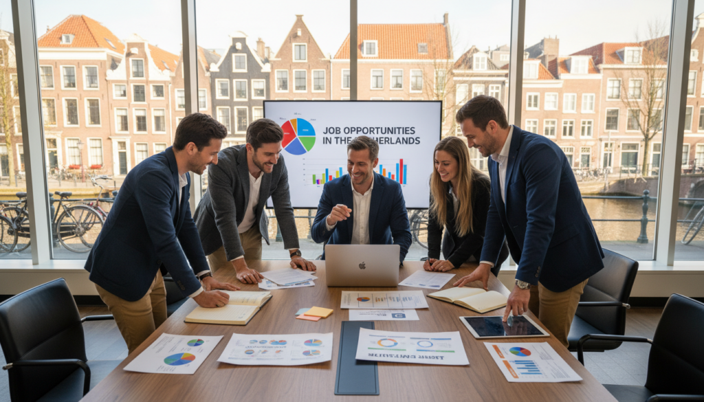 A bustling urban scene depicting the Dutch job market, set in a modern office space with large windows showcasing typical Dutch architecture in the background. In the foreground, a diverse group of professional individuals, dressed in smart business attire, engage in a lively discussion over a laptop and documents on a conference table. The middle ground features charts, graphs, and recruitment brochures spread out, highlighting job opportunities. The lighting is bright and welcoming, casting soft shadows, creating a focus on collaboration and opportunity. The mood is optimistic and dynamic, reflecting the energy of job seekers navigating their career paths in the Netherlands. The image is captured from a slightly elevated angle to give a comprehensive view of the workspace and participants. A bustling urban scene depicting the Dutch job market, set in a modern office space with large windows showcasing typical Dutch architecture in the background. In the foreground, a diverse group of professional individuals, dressed in smart business attire, engage in a lively discussion over a laptop and documents on a conference table. The middle ground features charts, graphs, and recruitment brochures spread out, highlighting job opportunities. The lighting is bright and welcoming, casting soft shadows, creating a focus on collaboration and opportunity. The mood is optimistic and dynamic, reflecting the energy of job seekers navigating their career paths in the Netherlands. The image is captured from a slightly elevated angle to give a comprehensive view of the workspace and participants.