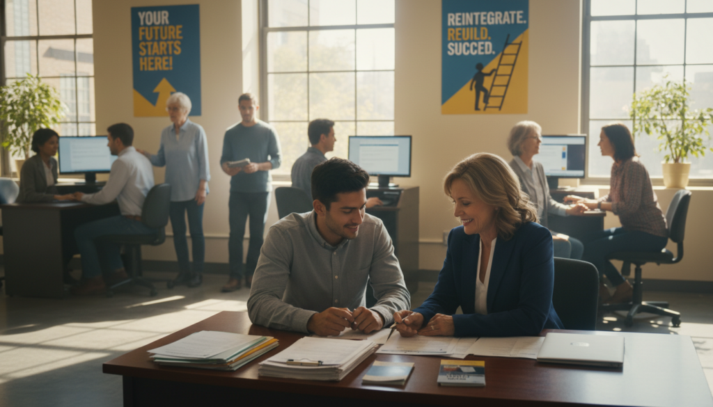 A busy office scene focused on job placement services, highlighting a professional consultant assisting a diverse group of job seekers. In the foreground, a middle-aged woman in business attire is reviewing a resume with a young man, showing a focused and encouraging expression. In the middle ground, other job seekers interact with computer kiosks, displaying determination and hope. The background features motivational posters about employment and reintegration. Bright, natural lighting floods the space through large windows, creating an uplifting, positive atmosphere. The camera angle is slightly elevated, capturing both the interaction and the overall environment, emphasizing an inclusive and supportive setting conducive to job placement. A busy office scene focused on job placement services, highlighting a professional consultant assisting a diverse group of job seekers. In the foreground, a middle-aged woman in business attire is reviewing a resume with a young man, showing a focused and encouraging expression. In the middle ground, other job seekers interact with computer kiosks, displaying determination and hope. The background features motivational posters about employment and reintegration. Bright, natural lighting floods the space through large windows, creating an uplifting, positive atmosphere. The camera angle is slightly elevated, capturing both the interaction and the overall environment, emphasizing an inclusive and supportive setting conducive to job placement.