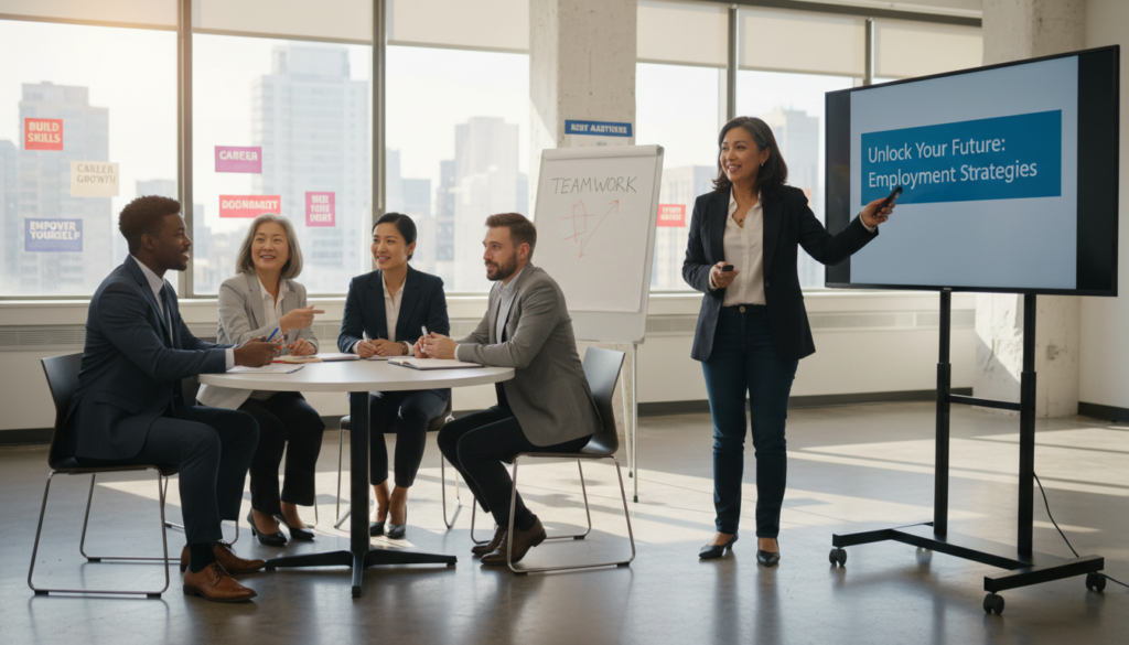 A diverse group of individuals in professional business attire engaged in a dynamic job training workshop. In the foreground, a middle-aged woman of Hispanic descent enthusiastically demonstrates a presentation on securing employment. Nearby, a young African American man reviews a resume with a mentor, showcasing collaboration. In the middle ground, others participate in interactive discussions, emphasizing teamwork and skill-building. The background features a bright, modern office space filled with motivational posters about career development, large windows allowing natural light to flood in and create an uplifting atmosphere. The angle captures both the excitement and focus of the participants, conveying a sense of hope and empowerment as they work towards meaningful employment. A diverse group of individuals in professional business attire engaged in a dynamic job training workshop. In the foreground, a middle-aged woman of Hispanic descent enthusiastically demonstrates a presentation on securing employment. Nearby, a young African American man reviews a resume with a mentor, showcasing collaboration. In the middle ground, others participate in interactive discussions, emphasizing teamwork and skill-building. The background features a bright, modern office space filled with motivational posters about career development, large windows allowing natural light to flood in and create an uplifting atmosphere. The angle captures both the excitement and focus of the participants, conveying a sense of hope and empowerment as they work towards meaningful employment.