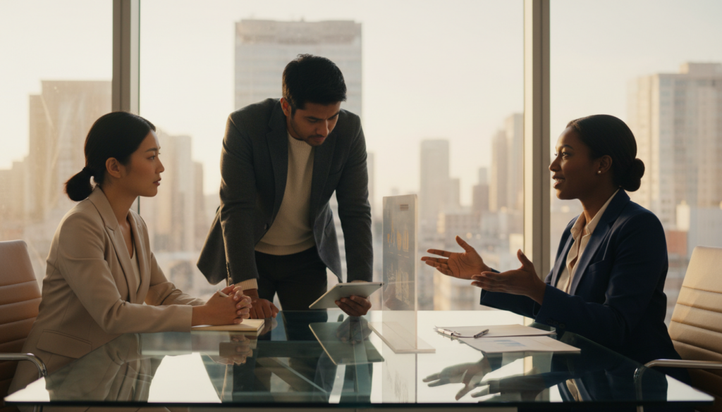 A diverse group of three professionals engaged in a negotiation, seated around a sleek, modern conference table. In the foreground, a confident woman in a tailored suit presents her ideas, using hand gestures to emphasize her points. The middle ground features a thoughtful man in a smart, casual outfit, taking notes on a digital tablet, while a third person, dressed in business attire, listens attentively with a focused expression. The background shows a bright, airy office space with large windows allowing natural light to flood the room, casting soft shadows. The atmosphere conveys collaboration and a spirit of problem-solving, emphasized by warm, inviting colors and a balanced composition that highlights the professionalism and engagement of the scene. A diverse group of three professionals engaged in a negotiation, seated around a sleek, modern conference table. In the foreground, a confident woman in a tailored suit presents her ideas, using hand gestures to emphasize her points. The middle ground features a thoughtful man in a smart, casual outfit, taking notes on a digital tablet, while a third person, dressed in business attire, listens attentively with a focused expression. The background shows a bright, airy office space with large windows allowing natural light to flood the room, casting soft shadows. The atmosphere conveys collaboration and a spirit of problem-solving, emphasized by warm, inviting colors and a balanced composition that highlights the professionalism and engagement of the scene.