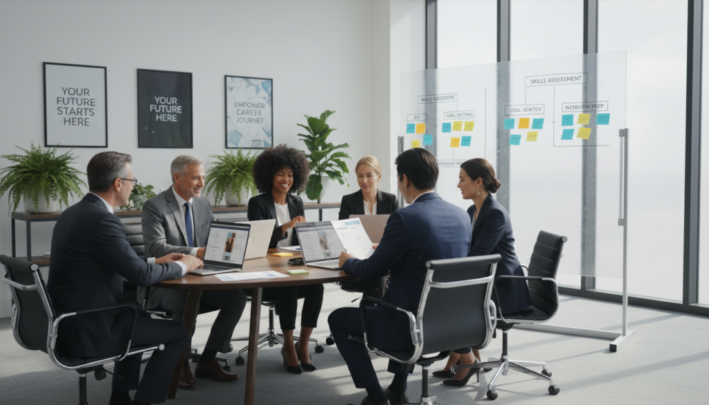 A modern office environment showcasing employment support services. In the foreground, a diverse group of professionals in business attire engaged in a collaborative meeting at a sleek conference table, featuring a mix of ages and ethnicities. They are discussing resumes and career options, with laptops open and documents spread out. In the middle, a whiteboard filled with colorful sticky notes outlines a career strategy plan, while a large window lets in natural light, casting soft shadows. The background includes motivational posters and greenery, creating an uplifting atmosphere. The mood is positive and energetic, highlighting teamwork and professional growth. The lighting is bright and inviting, with a focus on clarity and detail to enhance the sense of professionalism and support. A modern office environment showcasing employment support services. In the foreground, a diverse group of professionals in business attire engaged in a collaborative meeting at a sleek conference table, featuring a mix of ages and ethnicities. They are discussing resumes and career options, with laptops open and documents spread out. In the middle, a whiteboard filled with colorful sticky notes outlines a career strategy plan, while a large window lets in natural light, casting soft shadows. The background includes motivational posters and greenery, creating an uplifting atmosphere. The mood is positive and energetic, highlighting teamwork and professional growth. The lighting is bright and inviting, with a focus on clarity and detail to enhance the sense of professionalism and support.