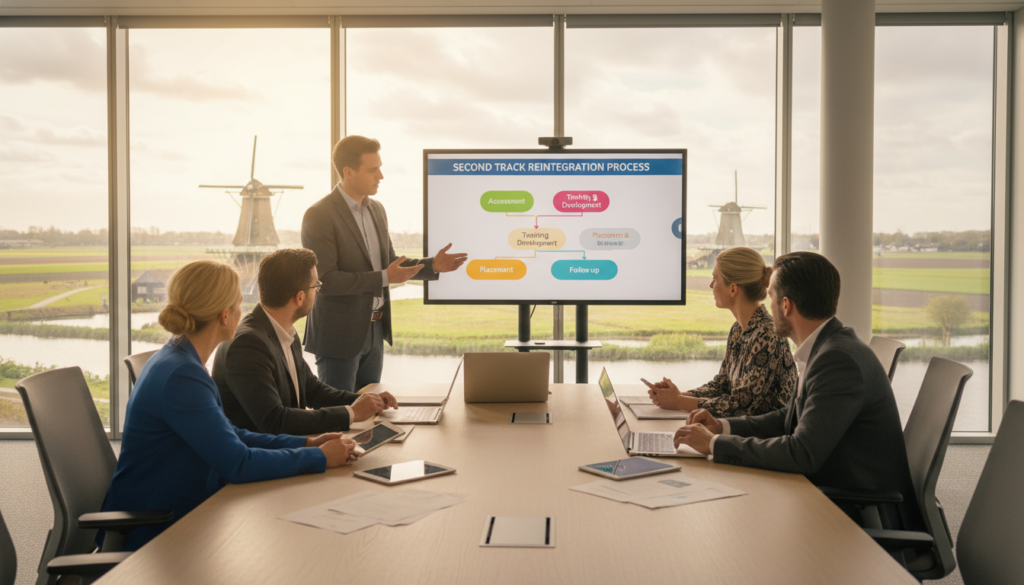 A modern office setting in the Netherlands, showcasing a diverse group of diverse professionals in business attire engaged in a collaborative discussion around a table filled with papers and laptops. In the foreground, a facilitator gestures towards a colorful visual aid illustrating the second track reintegration process. The middle ground features a mix of light-colored wood furniture and large windows allowing natural light to flood the room. The background depicts a view of the Dutch landscape with windmills and canals visible through the windows, emphasizing the region’s identity. Soft, warm lighting creates a welcoming and productive atmosphere. The angle is slightly elevated, capturing both the engagement of the group and the scenic backdrop. A modern office setting in the Netherlands, showcasing a diverse group of diverse professionals in business attire engaged in a collaborative discussion around a table filled with papers and laptops. In the foreground, a facilitator gestures towards a colorful visual aid illustrating the second track reintegration process. The middle ground features a mix of light-colored wood furniture and large windows allowing natural light to flood the room. The background depicts a view of the Dutch landscape with windmills and canals visible through the windows, emphasizing the region’s identity. Soft, warm lighting creates a welcoming and productive atmosphere. The angle is slightly elevated, capturing both the engagement of the group and the scenic backdrop.