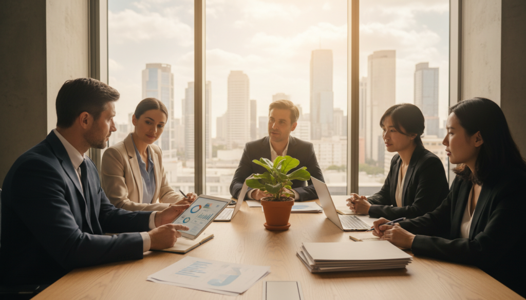 A professional and serene office environment depicting a group of diverse individuals engaged in a collaborative discussion about a reintegration program. In the foreground, a middle-aged man in a sharp suit gestures towards a digital tablet, while a young woman in smart casual attire takes notes. In the middle, a large table is covered with documents, laptops, and a plant, symbolizing growth and strategy. The background features a window with soft natural light streaming in, showcasing a cityscape that symbolizes opportunity. The atmosphere is focused and optimistic, highlighting teamwork and the importance of identifying the right trajectory for reintegration. Aim for a warm color palette with soft shadows, shot from a slightly elevated angle to capture the dynamics of the group. A professional and serene office environment depicting a group of diverse individuals engaged in a collaborative discussion about a reintegration program. In the foreground, a middle-aged man in a sharp suit gestures towards a digital tablet, while a young woman in smart casual attire takes notes. In the middle, a large table is covered with documents, laptops, and a plant, symbolizing growth and strategy. The background features a window with soft natural light streaming in, showcasing a cityscape that symbolizes opportunity. The atmosphere is focused and optimistic, highlighting teamwork and the importance of identifying the right trajectory for reintegration. Aim for a warm color palette with soft shadows, shot from a slightly elevated angle to capture the dynamics of the group.