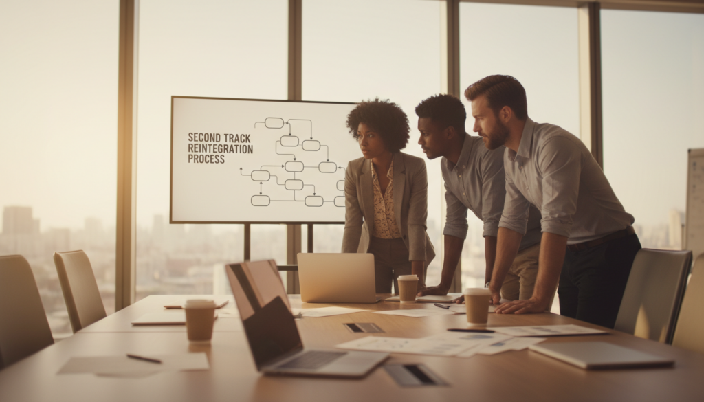A professional business team engaged in a dynamic discussion in a modern conference room, representing the "second track reintegration process." In the foreground, a diverse group of four professionals, including a woman of African descent and a man of Caucasian descent, are focused on a large diagram displayed on a digital screen. Their attire is smart casual, emphasizing a collaborative atmosphere. In the middle, a large conference table is covered with documents and laptops, reflecting an organized work environment. The background features floor-to-ceiling windows with natural light flooding the room, creating a bright, hopeful atmosphere. Use a soft-focus lens effect to enhance the depth of field, and maintain a warm color palette to evoke a sense of optimism and teamwork in the reintegration process. A professional business team engaged in a dynamic discussion in a modern conference room, representing the "second track reintegration process." In the foreground, a diverse group of four professionals, including a woman of African descent and a man of Caucasian descent, are focused on a large diagram displayed on a digital screen. Their attire is smart casual, emphasizing a collaborative atmosphere. In the middle, a large conference table is covered with documents and laptops, reflecting an organized work environment. The background features floor-to-ceiling windows with natural light flooding the room, creating a bright, hopeful atmosphere. Use a soft-focus lens effect to enhance the depth of field, and maintain a warm color palette to evoke a sense of optimism and teamwork in the reintegration process.