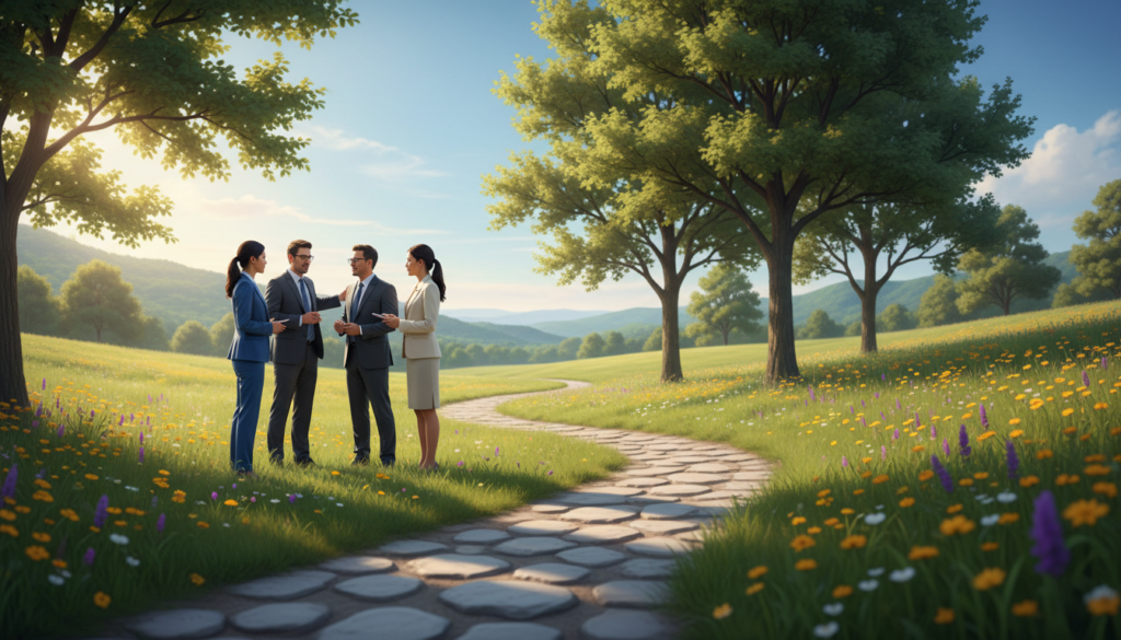 A serene and inspiring landscape depicting a "reintegration pathway." In the foreground, a well-defined path made of smooth stones winds gently through a green meadow, symbolizing growth and progress. To the left, a diverse group of three professionals in smart business attire, engaged in a thoughtful discussion, pointing towards a distant horizon. In the middle ground, vibrant trees offer shade and support, while soft sunlight dapples the path, creating a warm, inviting atmosphere. The background features rolling hills that lead to a clear blue sky, representing hope and opportunity. The scene should evoke a sense of purpose and determination, with a balanced composition and a slight depth of field to highlight the pathway. A serene and inspiring landscape depicting a "reintegration pathway." In the foreground, a well-defined path made of smooth stones winds gently through a green meadow, symbolizing growth and progress. To the left, a diverse group of three professionals in smart business attire, engaged in a thoughtful discussion, pointing towards a distant horizon. In the middle ground, vibrant trees offer shade and support, while soft sunlight dapples the path, creating a warm, inviting atmosphere. The background features rolling hills that lead to a clear blue sky, representing hope and opportunity. The scene should evoke a sense of purpose and determination, with a balanced composition and a slight depth of field to highlight the pathway.