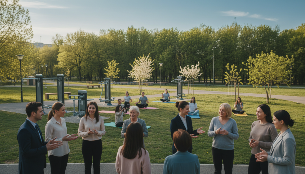 A serene and uplifting scene illustrating the reintegration process focused on mental and physical health. In the foreground, a diverse group of individuals of varying ages dressed in professional business attire and modest casual clothing engage in supportive discussions, showcasing connection and empathy. In the middle ground, a calming outdoors setting features a peaceful park with exercise equipment, yoga mats, and meditation spaces, highlighting activities promoting wellbeing. The background includes soft, green trees and a bright blue sky, casting gentle natural lighting that enhances the positive atmosphere. The mood is inspirational and hopeful, capturing the essence of rebuilding life through community support and personal growth. The scene is shot from a slightly elevated angle, providing a comprehensive view of the interactions and activities taking place. A serene and uplifting scene illustrating the reintegration process focused on mental and physical health. In the foreground, a diverse group of individuals of varying ages dressed in professional business attire and modest casual clothing engage in supportive discussions, showcasing connection and empathy. In the middle ground, a calming outdoors setting features a peaceful park with exercise equipment, yoga mats, and meditation spaces, highlighting activities promoting wellbeing. The background includes soft, green trees and a bright blue sky, casting gentle natural lighting that enhances the positive atmosphere. The mood is inspirational and hopeful, capturing the essence of rebuilding life through community support and personal growth. The scene is shot from a slightly elevated angle, providing a comprehensive view of the interactions and activities taking place.