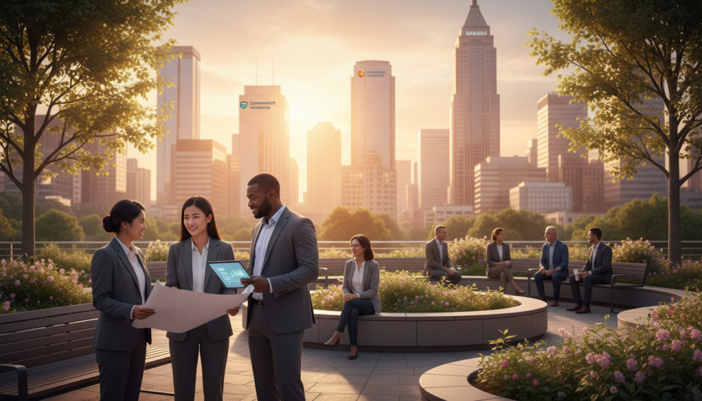A serene urban park scene symbolizes the theme of reintegration outcomes. In the foreground, a diverse group of three professionals, dressed in business casual attire, engage in a collaborative discussion, holding a blueprint and digital tablet, exemplifying teamwork. The middle ground features a small outdoor meeting area with modern seating and greenery, depicting support networks being built. The background showcases a city skyline during the golden hour, creating a warm, inviting atmosphere with soft, diffuse sunlight enhancing the scene. A gentle breeze stirs the trees, suggesting growth and connection. The overall mood is hopeful and inspiring, conveying a sense of progress and community support in the journey toward sustainable reintegration outcomes. A serene urban park scene symbolizes the theme of reintegration outcomes. In the foreground, a diverse group of three professionals, dressed in business casual attire, engage in a collaborative discussion, holding a blueprint and digital tablet, exemplifying teamwork. The middle ground features a small outdoor meeting area with modern seating and greenery, depicting support networks being built. The background showcases a city skyline during the golden hour, creating a warm, inviting atmosphere with soft, diffuse sunlight enhancing the scene. A gentle breeze stirs the trees, suggesting growth and connection. The overall mood is hopeful and inspiring, conveying a sense of progress and community support in the journey toward sustainable reintegration outcomes.