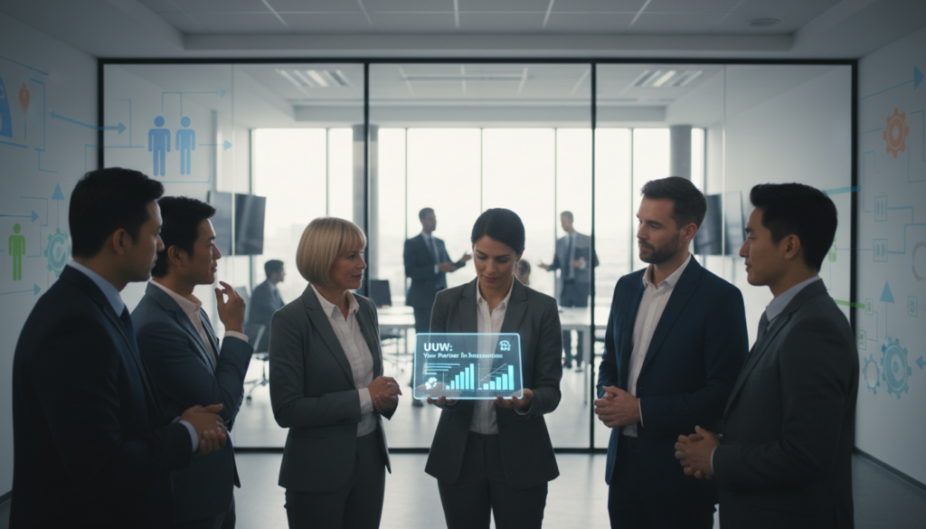 A sleek, modern office environment is depicted as the foreground, showcasing a diverse group of professionals in business attire engaged in discussions about the reintegration process. In the center, a male and female consultant present information on a digital tablet, highlighting the role of the UWV. Surrounding them, several individuals of varying ages and ethnicities appear contemplative, showcasing hope and determination. The middle ground features a large, glass-walled conference room, filled with light streaming in from the windows, creating a bright and inviting atmosphere. In the background, abstract graphics illustrating the reintegration process subtly blend into the walls. The lighting is soft and warm, emphasizing a supportive mood, with a slight depth of field to keep the focus on the professionals collaborating. A sleek, modern office environment is depicted as the foreground, showcasing a diverse group of professionals in business attire engaged in discussions about the reintegration process. In the center, a male and female consultant present information on a digital tablet, highlighting the role of the UWV. Surrounding them, several individuals of varying ages and ethnicities appear contemplative, showcasing hope and determination. The middle ground features a large, glass-walled conference room, filled with light streaming in from the windows, creating a bright and inviting atmosphere. In the background, abstract graphics illustrating the reintegration process subtly blend into the walls. The lighting is soft and warm, emphasizing a supportive mood, with a slight depth of field to keep the focus on the professionals collaborating.