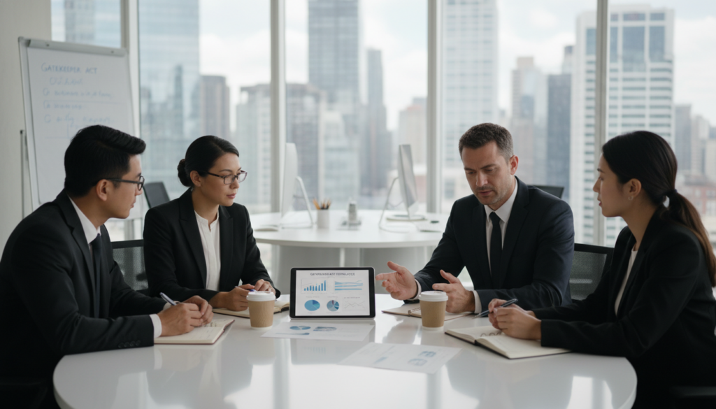 A thoughtful scene depicting a professional meeting in a modern office environment centered around the concept of the Gatekeeper Act. In the foreground, a diverse group of four business professionals, dressed in smart business attire, are engaged in a discussion around a large round table filled with documents and a digital tablet displaying data. In the middle, a large window allows natural light to stream in, illuminating the space and reflecting off sleek furniture. The background features a city skyline visible through the glass. The atmosphere is serious yet collaborative, reinforcing the importance of understanding obligations under the Gatekeeper Act. Soft, diffuse lighting enhances the sense of clarity and focus in the scene, while a slight depth of field keeps the emphasis on the discussion at hand. A thoughtful scene depicting a professional meeting in a modern office environment centered around the concept of the Gatekeeper Act. In the foreground, a diverse group of four business professionals, dressed in smart business attire, are engaged in a discussion around a large round table filled with documents and a digital tablet displaying data. In the middle, a large window allows natural light to stream in, illuminating the space and reflecting off sleek furniture. The background features a city skyline visible through the glass. The atmosphere is serious yet collaborative, reinforcing the importance of understanding obligations under the Gatekeeper Act. Soft, diffuse lighting enhances the sense of clarity and focus in the scene, while a slight depth of field keeps the emphasis on the discussion at hand.