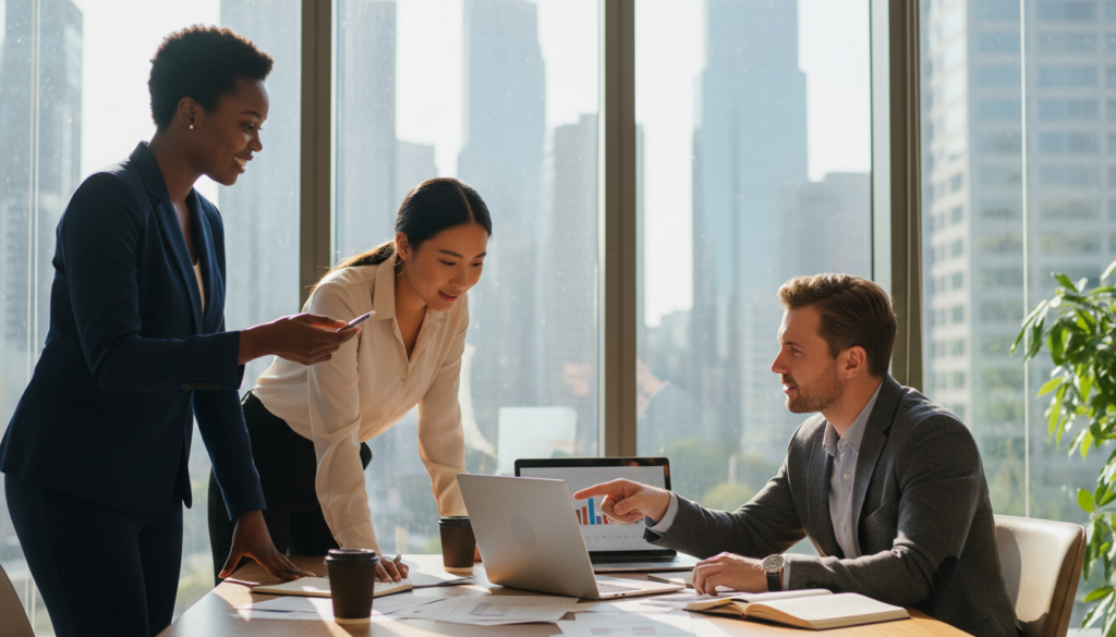 A vibrant and inspiring scene depicting the theme of "reintegration success." In the foreground, a diverse group of professionals in smart business attire, including a Black woman in a tailored suit, a Caucasian man in a blazer, and an Asian woman in a blouse, are engaged in a dynamic discussion around a conference table filled with documents and a laptop. In the middle ground, a large window reveals a bright, modern cityscape, symbolizing opportunity and growth. The background features soft greenery visible through glass, providing a sense of balance and connection to nature. The lighting is warm and inviting, with rays of sunlight streaming in, enhancing a positive, collaborative atmosphere. The overall mood is hopeful and forward-looking, exemplifying best practices for successful reintegration in professional settings. A vibrant and inspiring scene depicting the theme of "reintegration success." In the foreground, a diverse group of professionals in smart business attire, including a Black woman in a tailored suit, a Caucasian man in a blazer, and an Asian woman in a blouse, are engaged in a dynamic discussion around a conference table filled with documents and a laptop. In the middle ground, a large window reveals a bright, modern cityscape, symbolizing opportunity and growth. The background features soft greenery visible through glass, providing a sense of balance and connection to nature. The lighting is warm and inviting, with rays of sunlight streaming in, enhancing a positive, collaborative atmosphere. The overall mood is hopeful and forward-looking, exemplifying best practices for successful reintegration in professional settings.