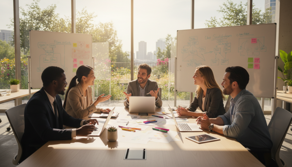 A vibrant, harmonious scene depicting a diverse group of professionals collaborating in a bright, modern office space, emphasizing teamwork and cooperation. In the foreground, a multi-ethnic team of four individuals in business attire is gathered around a large table filled with sketches and digital devices, engaged in animated discussion. The middle ground features large windows allowing natural light to flood the room, with greenery visible outside, symbolizing growth and opportunity. In the background, whiteboards are filled with notes and diagrams illustrating processes and ideas. The atmosphere is energetic and optimistic, with soft, diffused lighting creating a warm, inviting ambiance. The image should be captured with a wide-angle lens to convey depth and inclusivity, highlighting the collaborative spirit of the space. A vibrant, harmonious scene depicting a diverse group of professionals collaborating in a bright, modern office space, emphasizing teamwork and cooperation. In the foreground, a multi-ethnic team of four individuals in business attire is gathered around a large table filled with sketches and digital devices, engaged in animated discussion. The middle ground features large windows allowing natural light to flood the room, with greenery visible outside, symbolizing growth and opportunity. In the background, whiteboards are filled with notes and diagrams illustrating processes and ideas. The atmosphere is energetic and optimistic, with soft, diffused lighting creating a warm, inviting ambiance. The image should be captured with a wide-angle lens to convey depth and inclusivity, highlighting the collaborative spirit of the space.