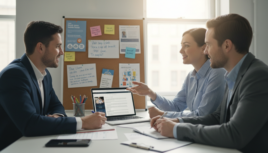 A warm and inviting workspace that represents reintegration support. In the foreground, a diverse group of three professionals in modest business attire is engaged in a discussion, showcasing collaboration and mutual support. One individual is pointing at a laptop screen displaying resources related to reintegration, while another is taking notes. In the middle ground, a large bulletin board is filled with community resources, tips, and encouragements, symbolizing access to support systems. In the background, a large window allows natural light to flood the room, creating an uplifting atmosphere. Soft, diffused lighting enhances the sense of hopefulness and teamwork. The camera angle is slightly elevated, providing a clear view of the interaction while maintaining the cozy and professional feel of the environment. A warm and inviting workspace that represents reintegration support. In the foreground, a diverse group of three professionals in modest business attire is engaged in a discussion, showcasing collaboration and mutual support. One individual is pointing at a laptop screen displaying resources related to reintegration, while another is taking notes. In the middle ground, a large bulletin board is filled with community resources, tips, and encouragements, symbolizing access to support systems. In the background, a large window allows natural light to flood the room, creating an uplifting atmosphere. Soft, diffused lighting enhances the sense of hopefulness and teamwork. The camera angle is slightly elevated, providing a clear view of the interaction while maintaining the cozy and professional feel of the environment.